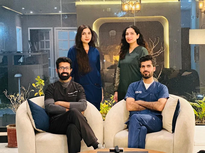 Members of the Medicube Clinics team in the clinic's reception lounge in DHA Phase 1